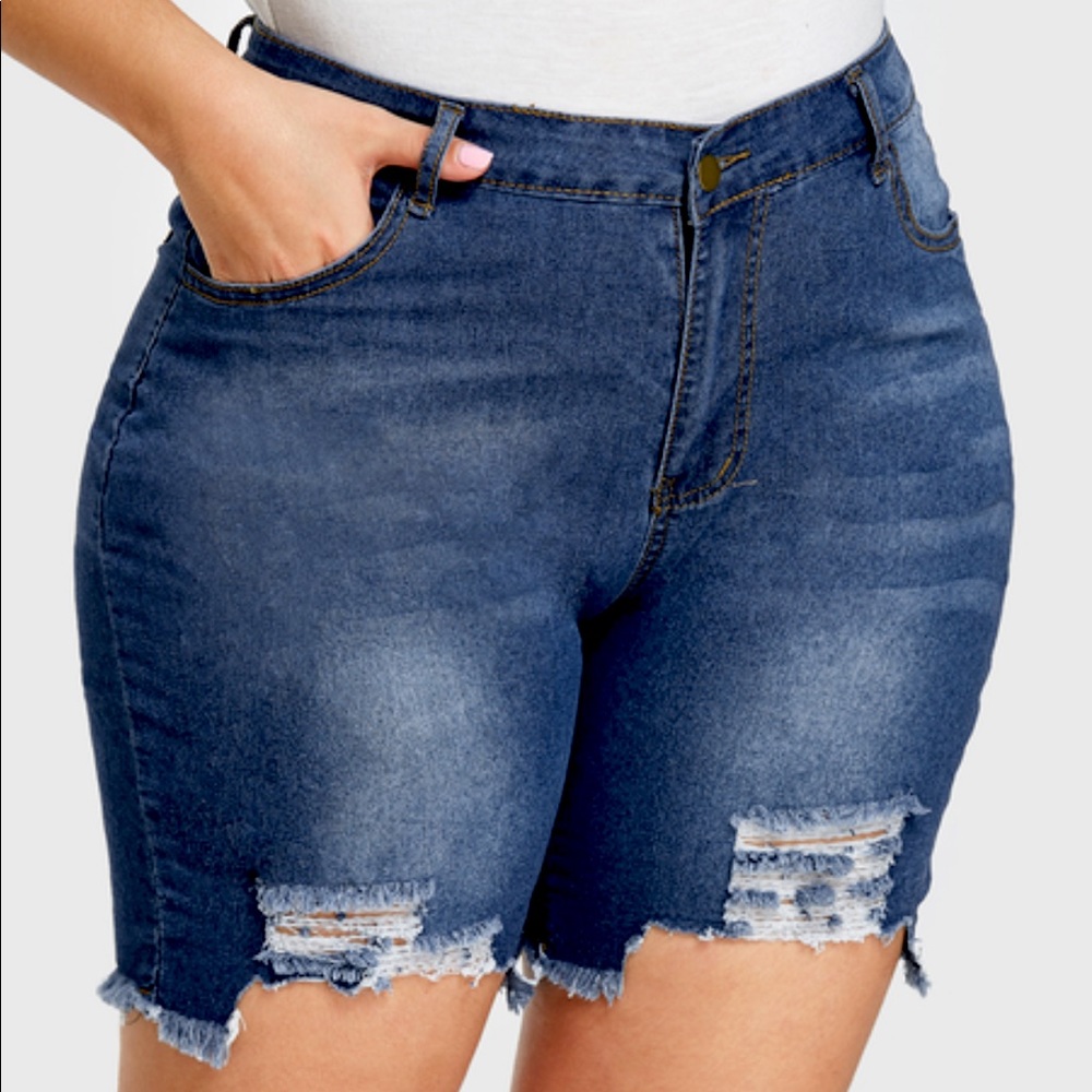 Blue Ripped Super Stretch Middle-Waisted Plus Size Jean Shorts